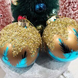 Gorgeous Glass Blue Feather Gold Embellished Peacock Christmas Ornament Balls